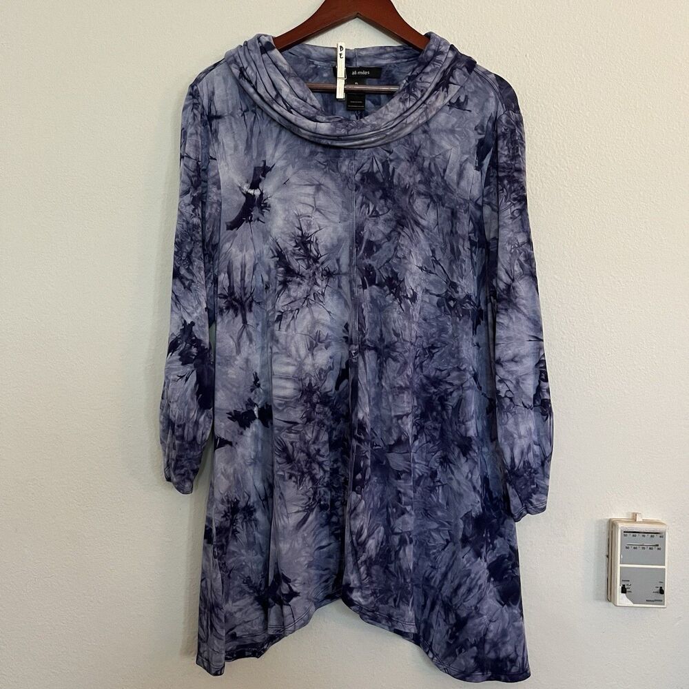 Ali Miles Tie Dye Long Sleeve Cowl Neck Shark Bite Hem Lagenlook Tunic Top SZ XL